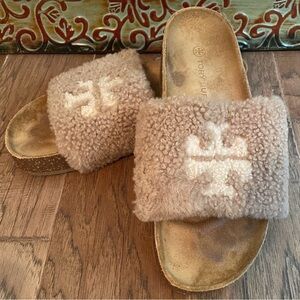Tory Burch Shearling Slides - Double T